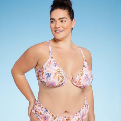 Shade & Shore Ruffle Bralette Bikini Top Floral Polka Dot Navy Pink Medium  - $14 - From Megan