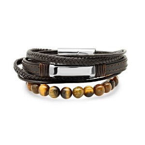 Steeltime Men's brown layered leather with stainless steel id bracelet and tiger eye beaded bracelet set of 2 - 1 of 4