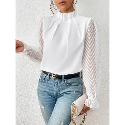 Coolmee Women's Long Frill Sleeve Stand Collar Shirts Elegant Office Workwear Blouse Business Dressy