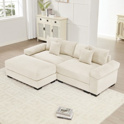 92" Modular Corduroy Sectional Sofa with Ottoman and 6 Throw Pillows, L-Shaped Oversized Cloud Couch for Living Room or Bedroom–The Pop Home
