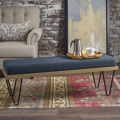 Airsurfer Modern Industrial Upholstered Bench with Hairpin Metal Legs, Wood Frame & Charcoal Cushion for Living Room, Entryway or Bedroom