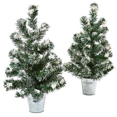 Nearly Natural Snowy 18-in H Mini Pine Trees with Tin Planters (Set of 2)