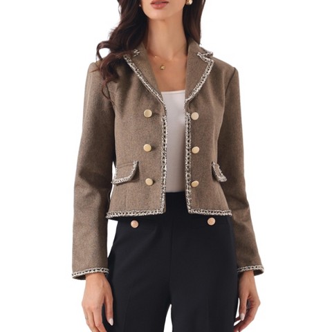 INSPIRE CHIC Women's Dressy Casual Tweed Jacket Double Breasted Long Sleeve Crop Blazer X-Large Brown
