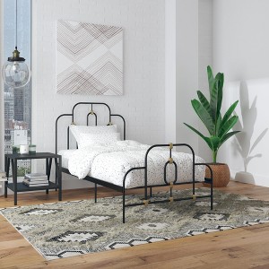 Wooakway 76"W Vintage Metal Bed Frame with Gold Detailing Adjustable Height Storage Under Bed Black Finish Bed Frame No Box Spring - 1 of 4