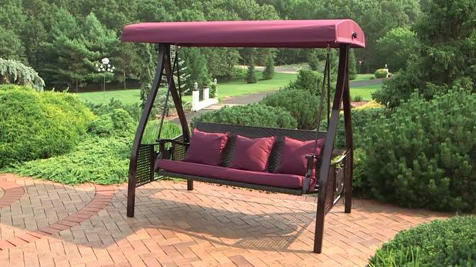 Sunnydaze 3-Person Outdoor Patio Swing with Adjustable Canopy Shade, Foldable Side Tables, Cushions and Pillow, Merlot, 2 of 14, play video