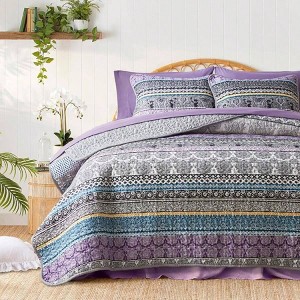 2 Piece Colorful Bohemian Quilt Set, Twin Size, Purple Grey Striped Bedding with 1 Sham - 1 of 4