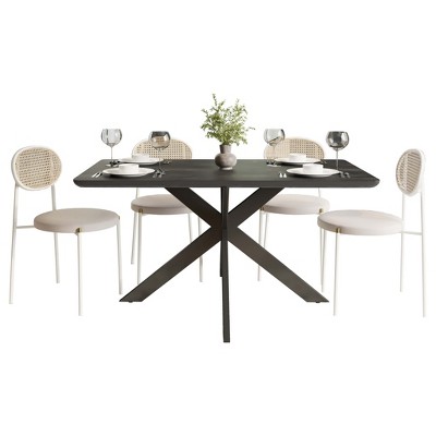 LeisureMod Ravenna 5-Piece Dining Set - 63" Rectangular MDF Top Dining Table in Ebony & 4 Velvet Dining Chairs in White Steel Legs