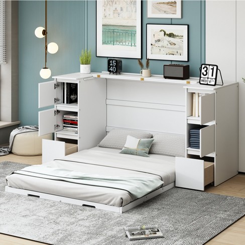 Full/Twin Size Wooden Murphy Bed Wall Bed with Drawers, Cabinets, USB Ports, and Stool 4S -ModernLuxe - image 1 of 4