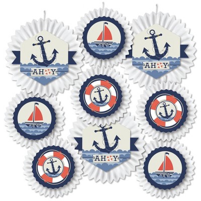 Big Dot of Happiness Ahoy - Nautical - Hanging Baby Shower or Birthday Party Tissue Decoration Kit - Paper Fans - Set of 9