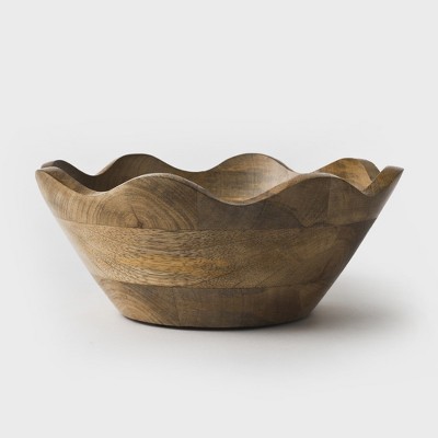 Mela Artisans Wooden Scalloped Bowl - Medium | Ruffle Decorative Style | Rustic Kitchen Decor | Mango Wood | Natural Grain Finish | Fits Bread,