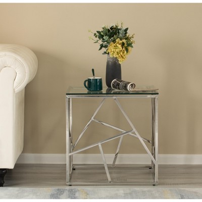 Modern Silver Metal End Table with Tempered Glass Top