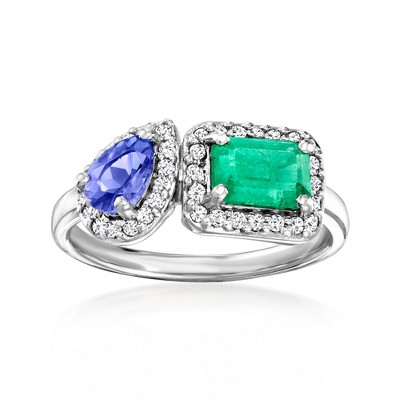 Ross-Simons 0.60 Carat Emerald and .40 Carat Tanzanite Toi Et Moi Ring With .20 ct. t.w. Diamonds in 14kt White Gold