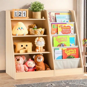 TopComfy Premium Kids Bookshelf 3-Tier 4-Tier Metal Wooden with Deep Pocket Toodler Sling Book Rack Book Shelves for Kids Rooms Bookcase Organizer - 1 of 4