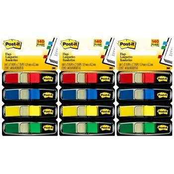Post-it® Flags, Assorted Primary Colors, .47 in. Wide, 35 Flags/Dispenser, 4 Dispensers/Pack, 3 Packs