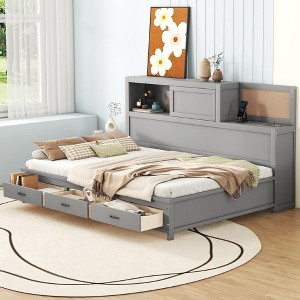 Twin/Full Size Wooden Daybed with 3 Storage Drawers, Upper Soft Board, Shelf, and a Set of Sockets and USB Ports - ModernLuxe - 1 of 4