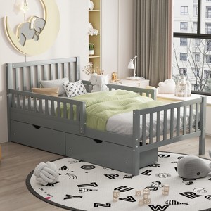 KTMBDW Kids Bed Frame with Fences and 2 Drawers, Wooden Platform Bed with Guardrails on Both Sides for Boys Girls - 1 of 4