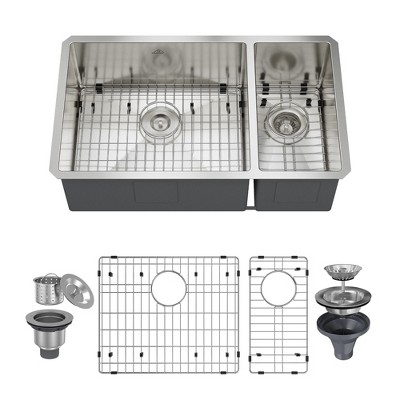 CASAINC 32" Undermount Double Bowl Stainless Steel Kitchen Sink with Included Bottom Grid & Drain Strainer