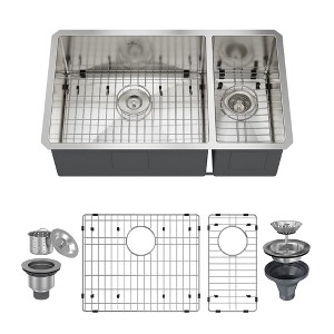 CASAINC 32" Undermount Double Bowl Stainless Steel Kitchen Sink with Included Bottom Grid & Drain Strainer - 1 of 4