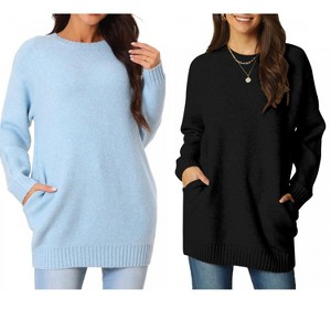 INSPIRE CHIC Women's Fall Winter Round Neck Long Sleeve Casual Tunic Sweater with Pockets 2 Packs - 1 of 4