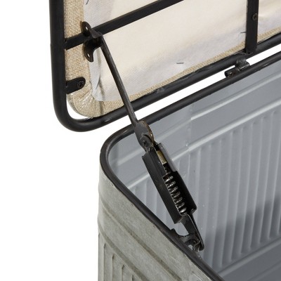 Gray Galvanized Metal Storage Bench with Beige Upholstered Seat