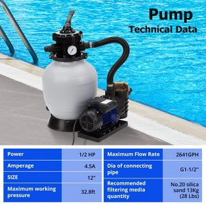 12" Sand Filter Pump, 2641GPH 1/2HP Pool Sand Filter for Above Ground and Inground Pool Up to 7500 Gallons,with 6-Way Multi-Port Valve - 1 of 4