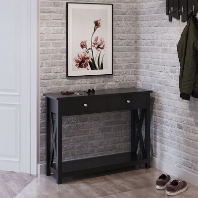 Black Wood and Metal Console Table with Storage Drawers