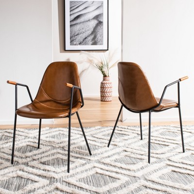 Cognac Faux Leather and Black Metal Arm Chairs, Set of 2