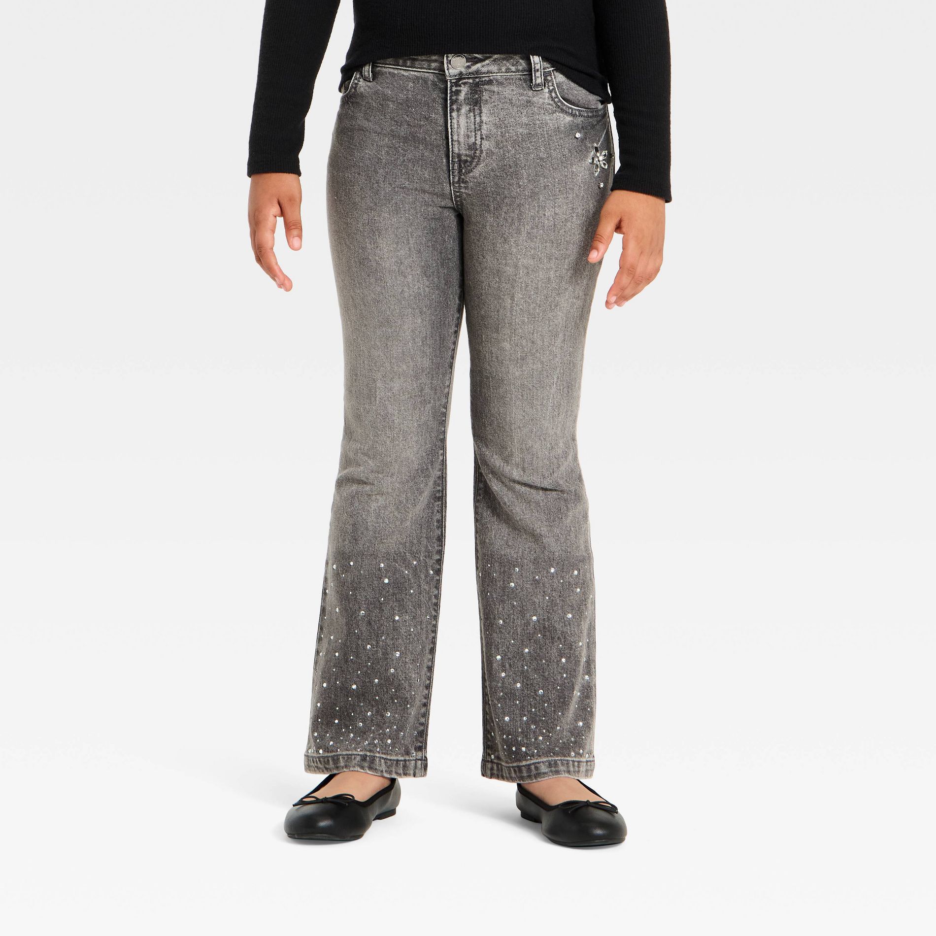 Girls' Jewel and Rhinestone Flare Jeans - Cat & Jack™ Gray Wash