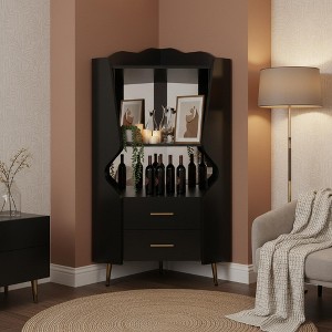 Homy Casa Modern Corner Bar Cabinet with Shelves and Drawers, for Dining or Living Room, Black - 1 of 4