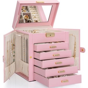 Leather Jewelry Box with Mirror & Lock, 3-Tier Organizer with 2 Drawers for Necklaces & Bracelets - 1 of 4