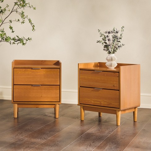 Saracina Home 2pc Midcentury Modern Solid Wood 2 Drawer Nightstand Caramel Target