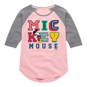 Girls' - Disney - Mickey Mouse Different Letters Shirt Tail Raglan Graphic T-shirt - 1 of 4