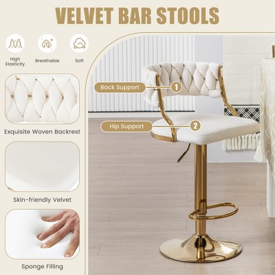 Beige Velvet Adjustable Swivel Bar Stools with Gold Metal Base, Set of 2
