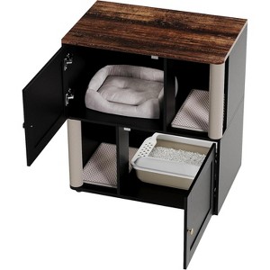 Double Cat Litter Box Enclosure with Hidden Compartments, Wooden Farmhouse Cabinet with Dual Scrape Mats and Scratching Posts - 1 of 1