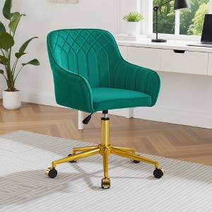 VECELO Velvet Accent Chair, Swivel Vanity Office Chair with Gold Base, Adjustable Height Makeup Desk Chair with Wheels - 1 of 4
