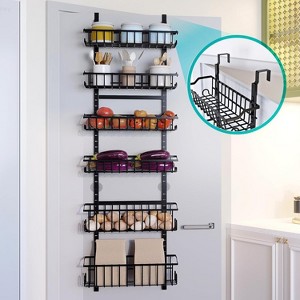 6-Tier Over the Door Pantry Organizer for Kitchen Storage Room Bathroom, Hanging Metal Spice Rack with Adjustable Basket and Suction Cups, Black - 1 of 4