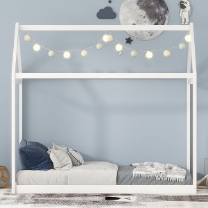 CAVINAS Twin Size Floor Bed Modern House-Shaped Pine Bed Frame with Wooden Slats for Bedroom - 1 of 4
