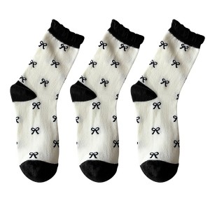 Anna-Kaci 3 Pairs Women's Mid-Calf Socks with Bow Pattern and Ruffled Cuff - 1 of 4