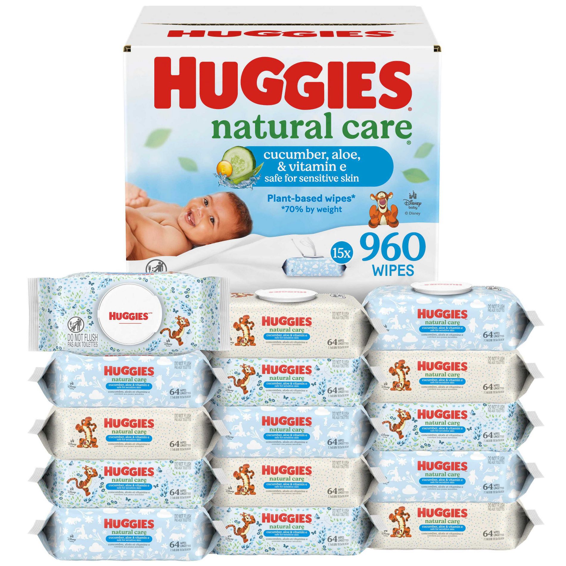 Huggies Natural Care Scented Cucumber, Aloe & Vitamin E Baby Wipes - 15 pack (960ct total wipes)