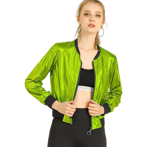 Allegra K Women's Holographic Fashion Stand Collar Metallic Lightweight Zip  Bomber Jacket Fluorescent Green Small