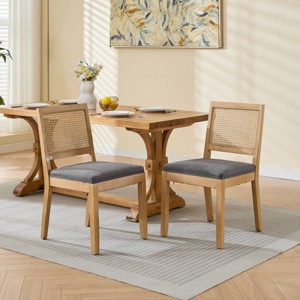 Farmhouse Rattan Dining Chairs Set of 2 with Cane Back,Linen Upholstered Kitchen Side Chairs,Wood Armless Dining Room Chairs-Cuddlewood - 1 of 4