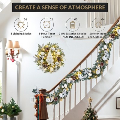 6ft Lighted Battery Operated Xmas Garland with Silver White Balls Pine Cones for Indoor Outdoor