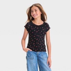 Girls' Short Sleeve Lace Trim T-Shirt - art class™ - 1 of 3
