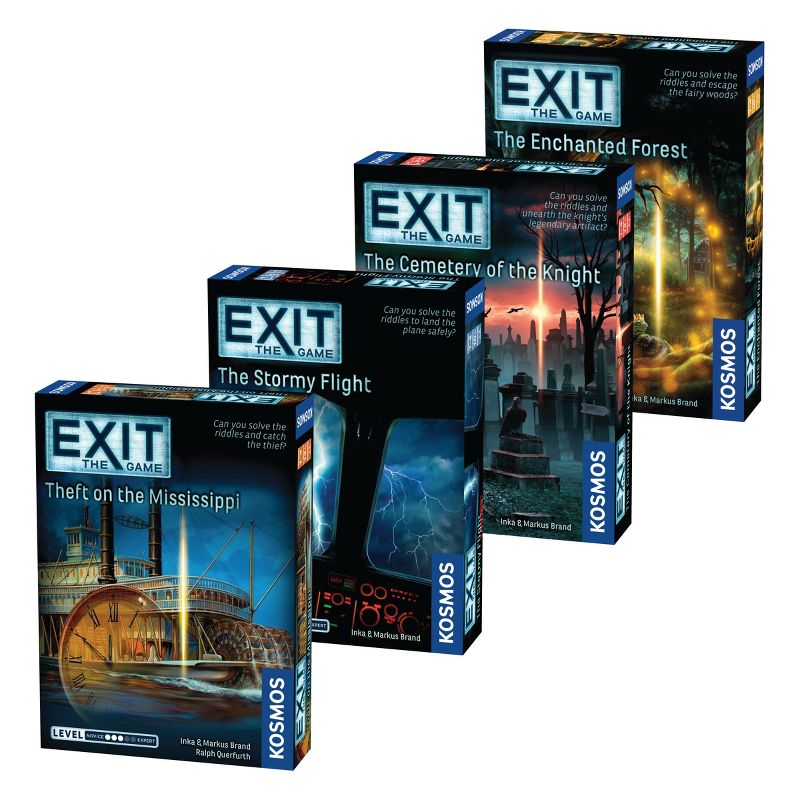 Thames & Kosmos EXIT: The Game, Season 4. Four-Pack: Theft on the Mississippi, The Stormy Flight, The Cemetery of the Knight, and The Enchanted Forest, 1 of 6