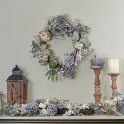 Neutral Gold and White Pine Cone Fall Harvest Wreath, 18-Inch