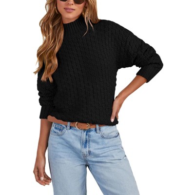 Women's Long Sleeve Waffle Knit Sweater Crew Neck Solid Color Pullover Crewneck Sweaters