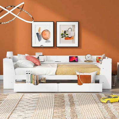 PAGED Twin Size Daybed Modern Wooden Bed Frame with Trundle and 2 Drawers for Bedroom, Living