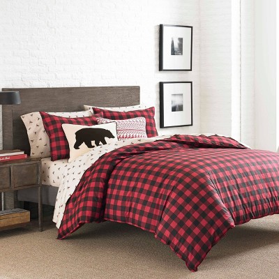 King Red and Black Cotton Plaid Duvet Cover Set