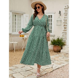 Coolmee Women Plus Size Boho Floral Casual V Neck Long Sleeve Waist Tie Ruffle Flowy Midi Dress - 1 of 4