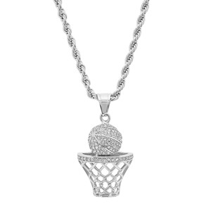 Steeltime Men's stainless steel simulated diamond basketball and hoop pendant. Color Options: Silver, Gold, Black - 1 of 4